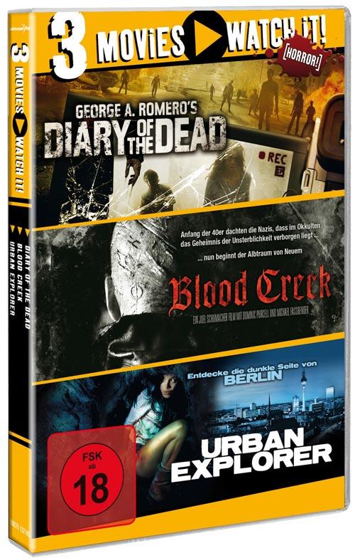 DVD Cover: 3 Movies - watch it: Diary of the Dead/ Blood Creek/ Urban Explorer